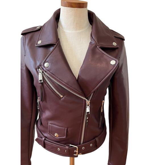 Rebecca Minkoff Moto jacket faux leather burgundy S - Picture 2 of 9